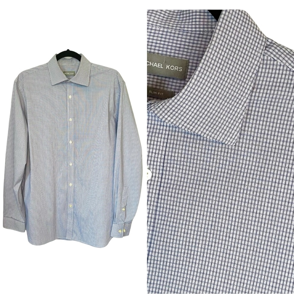 Michael Kors Plaid Long Sleeve Black Blue Slim Stretch Dress Shirt 16.5 Large